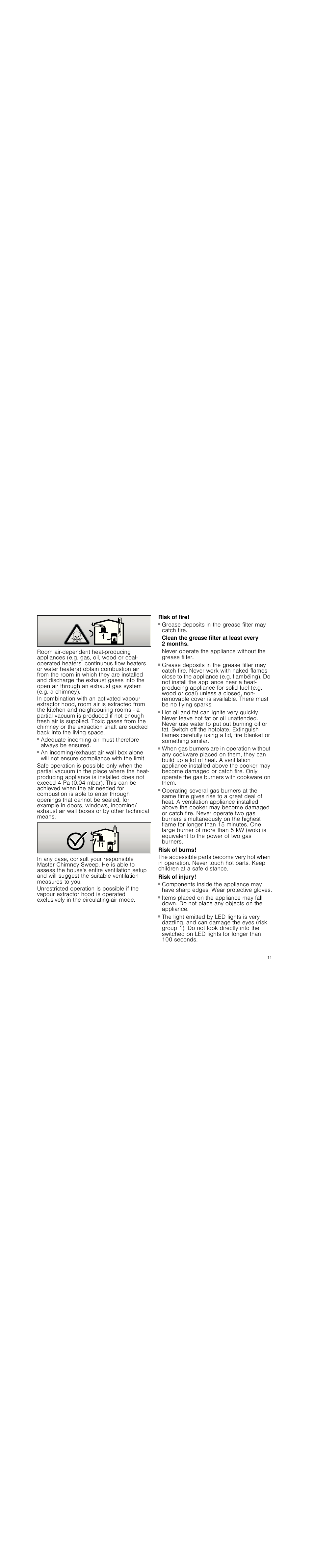 Risk of fire, Clean the grease filter at least every 2 months, Risk of burns | Risk of injury | Siemens LC98KA570 User Manual | Page 11 / 88