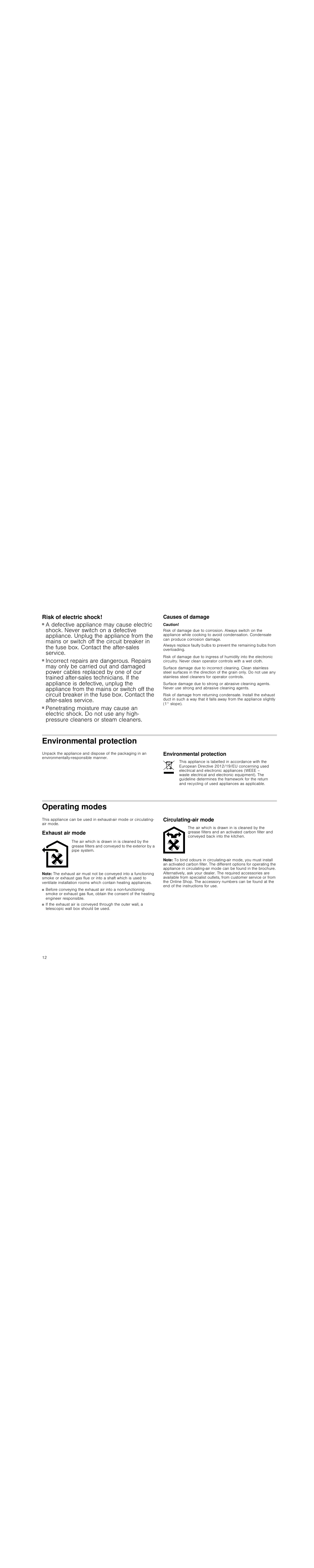 Risk of electric shock, Causes of damage, Caution | Environmental protection, Operating modes, Exhaust air mode, Note, Circulating-air mode | Siemens LC98KA570 User Manual | Page 12 / 88