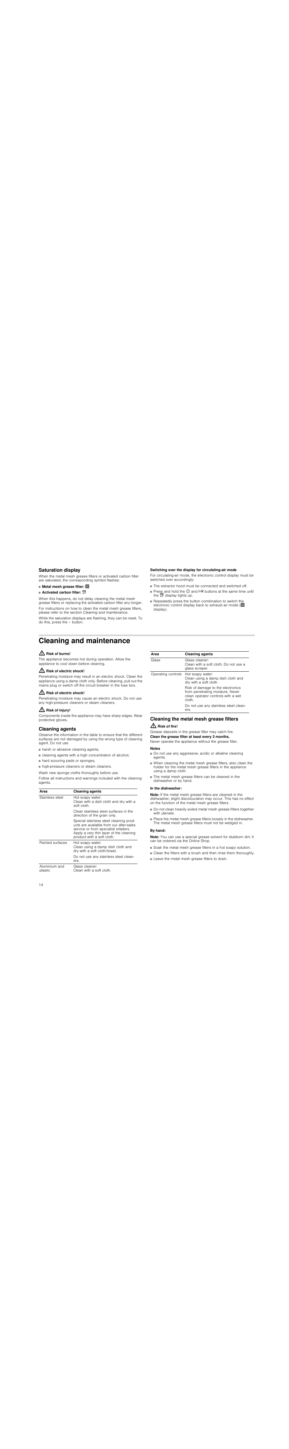 Saturation display, Cleaning and maintenance, Risk of burns | Risk of electric shock, Risk of injury, Cleaning agents, Cleaning the metal mesh grease filters, Risk of fire, Notes, In the dishwasher | Siemens LC98KA570 User Manual | Page 14 / 88