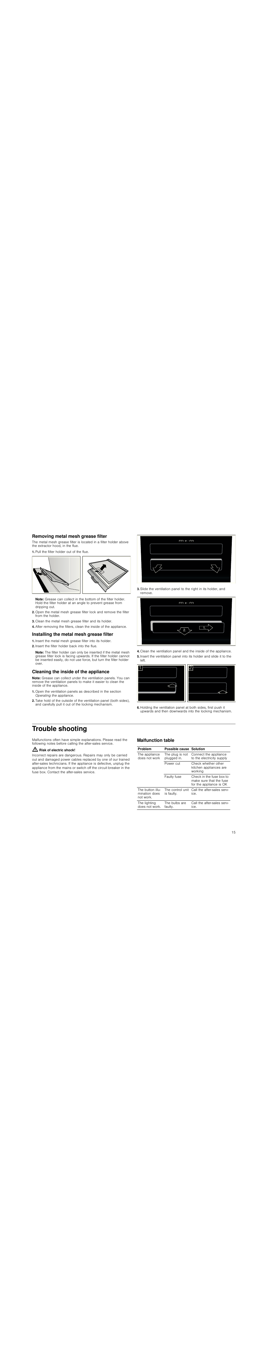 Removing metal mesh grease filter, Pull the filter holder out of the flue, Note | Clean the metal mesh grease filter and its holder, Installing the metal mesh grease filter, Insert the filter holder back into the flue, Cleaning the inside of the appliance, Trouble shooting, Risk of electric shock, Malfunction table | Siemens LC98KA570 User Manual | Page 15 / 88