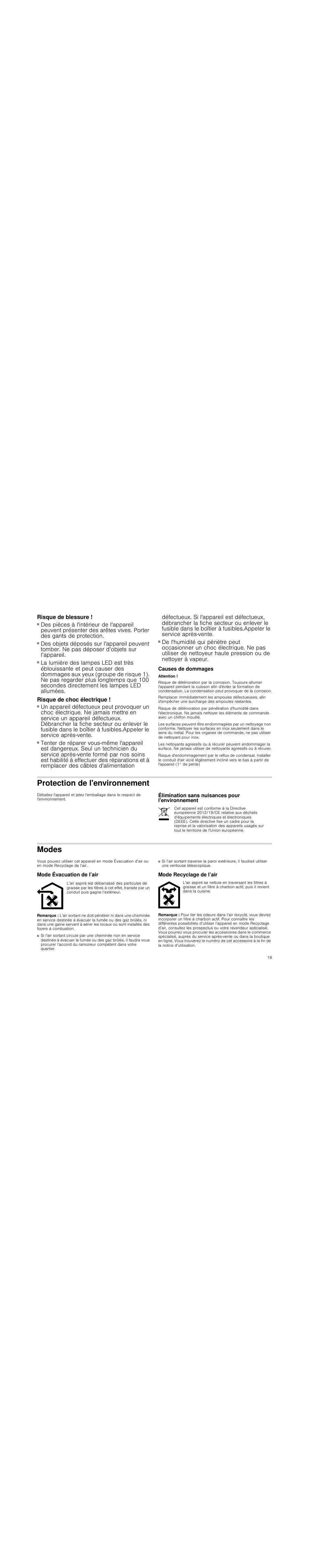 Risque de blessure, Risque de choc électrique, Causes de dommages | Attention, Protection de l'environnement, Élimination sans nuisances pour l'environnement, Modes, Mode évacuation de l’air, Remarque, Mode recyclage de l’air | Siemens LC98KA570 User Manual | Page 19 / 88