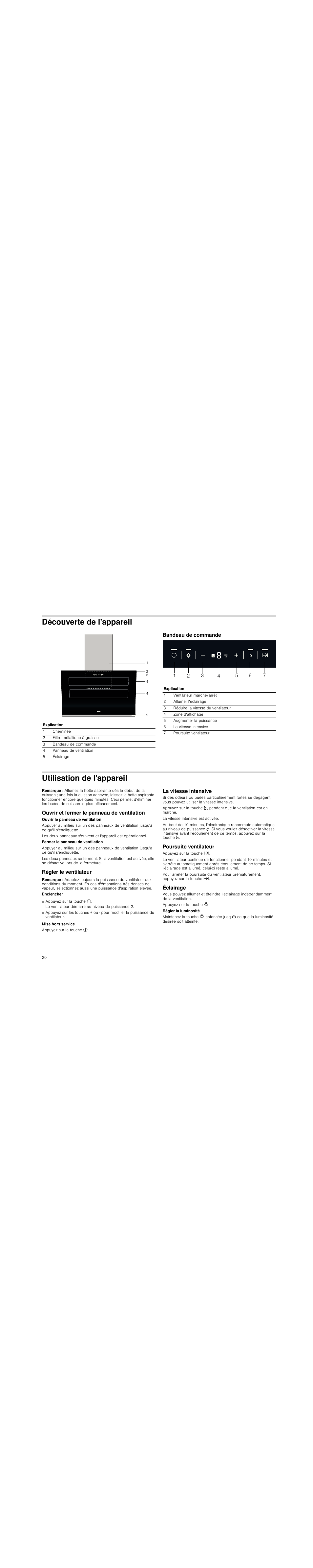 Découverte de l'appareil, Bandeau de commande, Utilisation de l'appareil | Remarque, Ouvrir et fermer le panneau de ventilation, Régler le ventilateur, La vitesse intensive, Poursuite ventilateur, Éclairage | Siemens LC98KA570 User Manual | Page 20 / 88