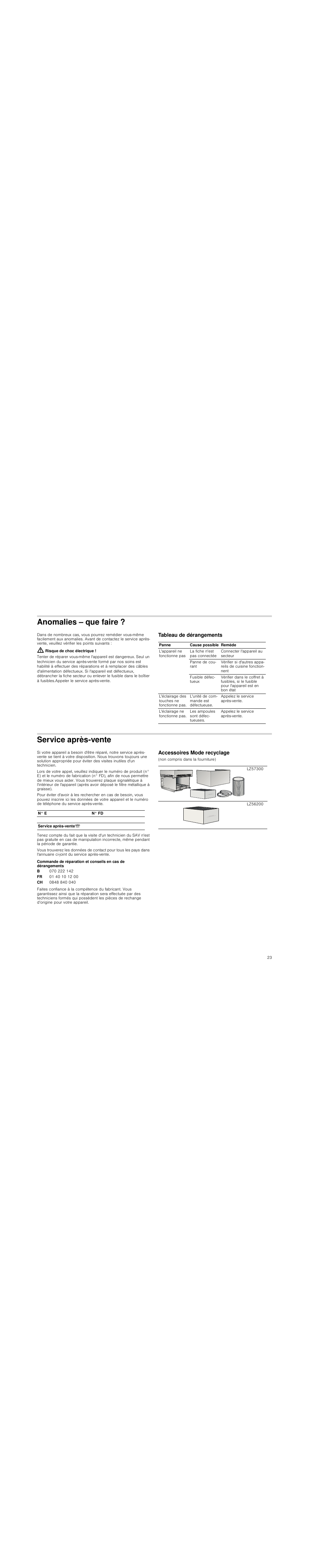 Anomalies – que faire, Risque de choc électrique, Tableau de dérangements | Service après-vente, Accessoires mode recyclage | Siemens LC98KA570 User Manual | Page 23 / 88