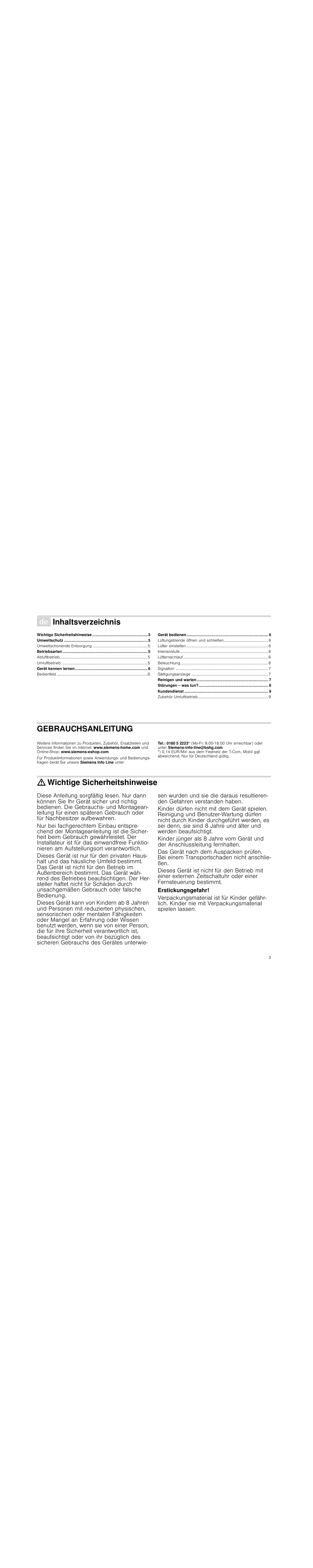 Ø inhaltsverzeichnis[de] gebrauchsanleitung, Umweltschutz 5, Betriebsarten 5 | Gerät kennen lernen 6, Gerät bedienen 6, Reinigen und warten 7, Störungen – was tun? 8, Kundendienst 9, Gebrauchsanleitung, Produktinfo | Siemens LC98KA570 User Manual | Page 3 / 88