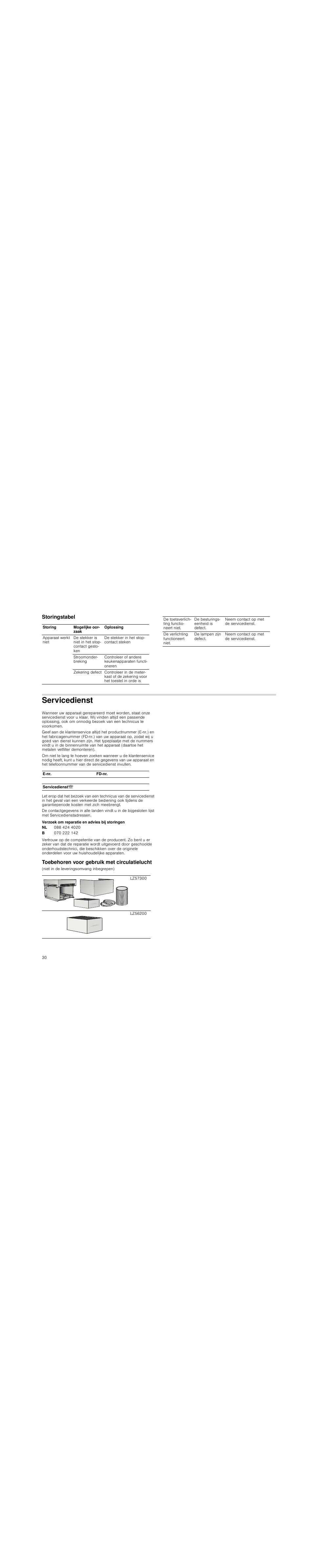 Storingstabel, Servicedienst, Verzoek om reparatie en advies bij storingen | Toebehoren voor gebruik met circulatielucht | Siemens LC98KA570 User Manual | Page 30 / 88