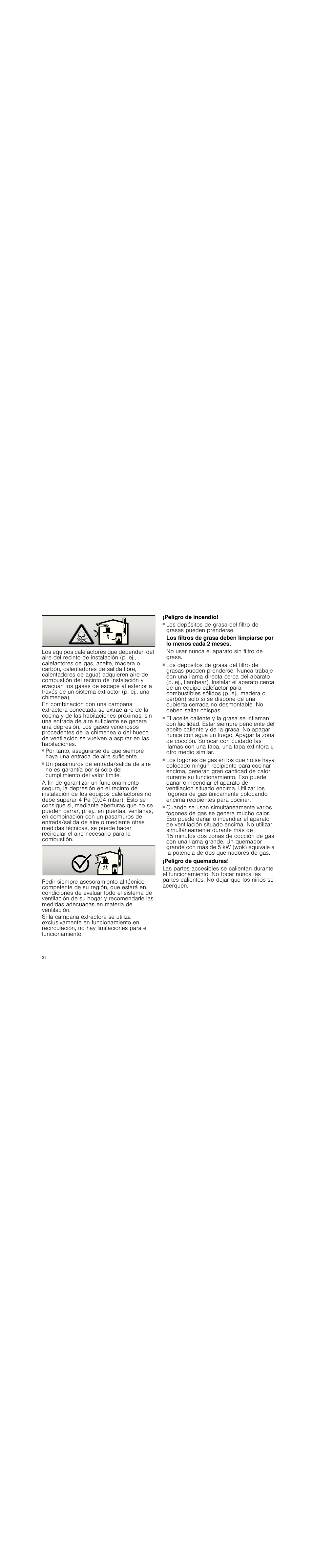Peligro de incendio, No usar nunca el aparato sin filtro de grasa, Peligro de quemaduras | Siemens LC98KA570 User Manual | Page 32 / 88
