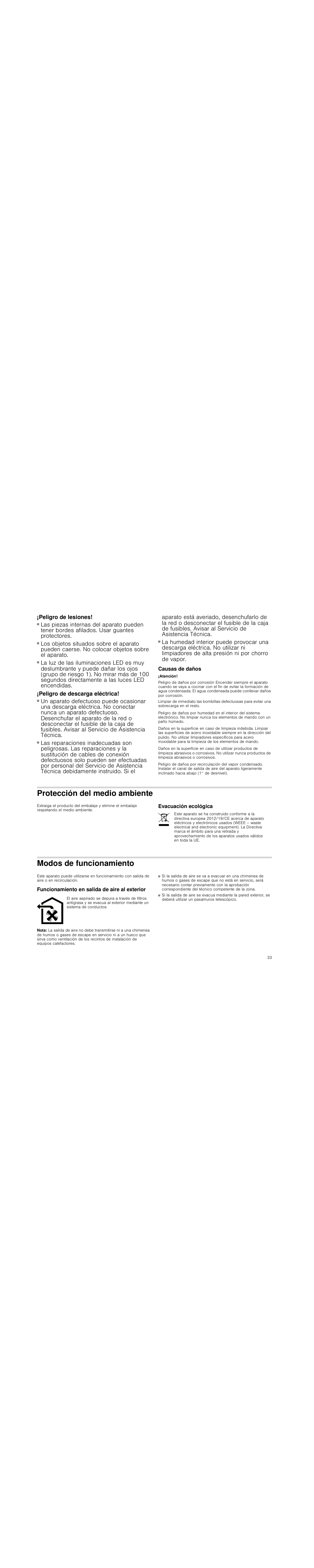 Peligro de lesiones, Peligro de descarga eléctrica, Causas de daños | Atención, Protección del medio ambiente, Evacuación ecológica, Modos de funcionamiento, Funcionamiento en salida de aire al exterior, Nota | Siemens LC98KA570 User Manual | Page 33 / 88