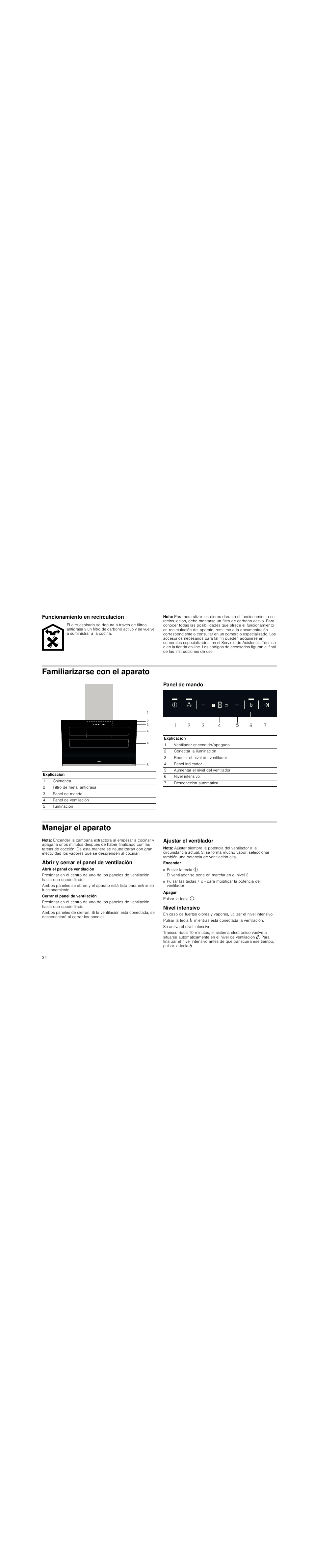 Funcionamiento en recirculación, Nota, Familiarizarse con el aparato | Panel de mando, Manejar el aparato, Abrir y cerrar el panel de ventilación, Ajustar el ventilador, Nivel intensivo | Siemens LC98KA570 User Manual | Page 34 / 88