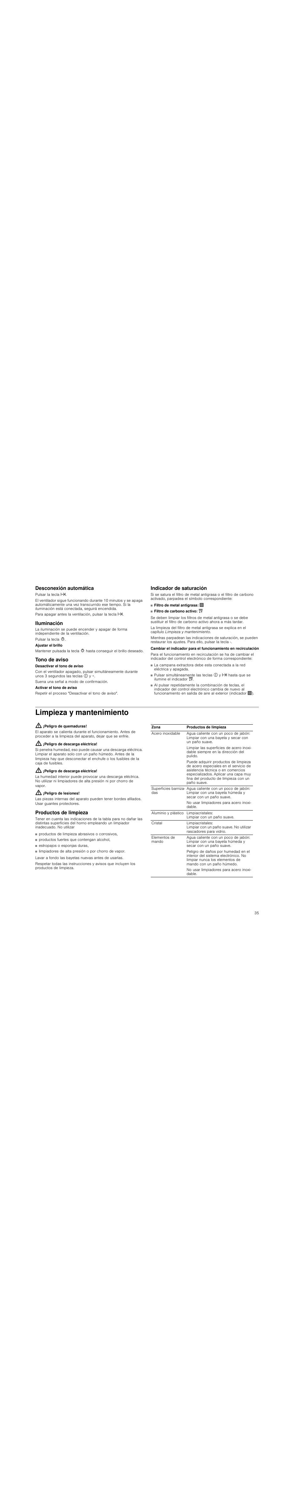 Desconexión automática, Iluminación, Tono de aviso | Indicador de saturación, Limpieza y mantenimiento, Peligro de quemaduras, Peligro de descarga eléctrica, Peligro de lesiones, Productos de limpieza | Siemens LC98KA570 User Manual | Page 35 / 88