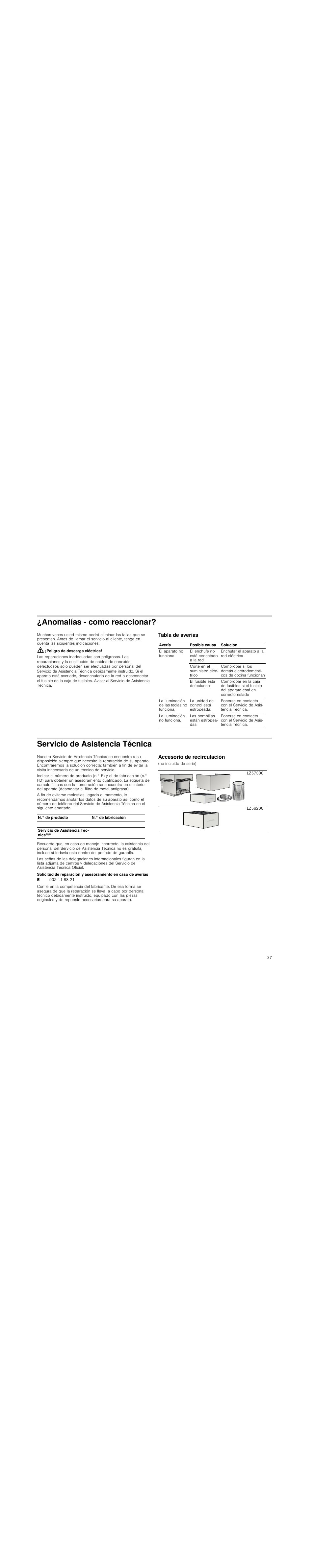 Anomalías - como reaccionar, Peligro de descarga eléctrica, Tabla de averías | Servicio de asistencia técnica, Accesorio de recirculación | Siemens LC98KA570 User Manual | Page 37 / 88