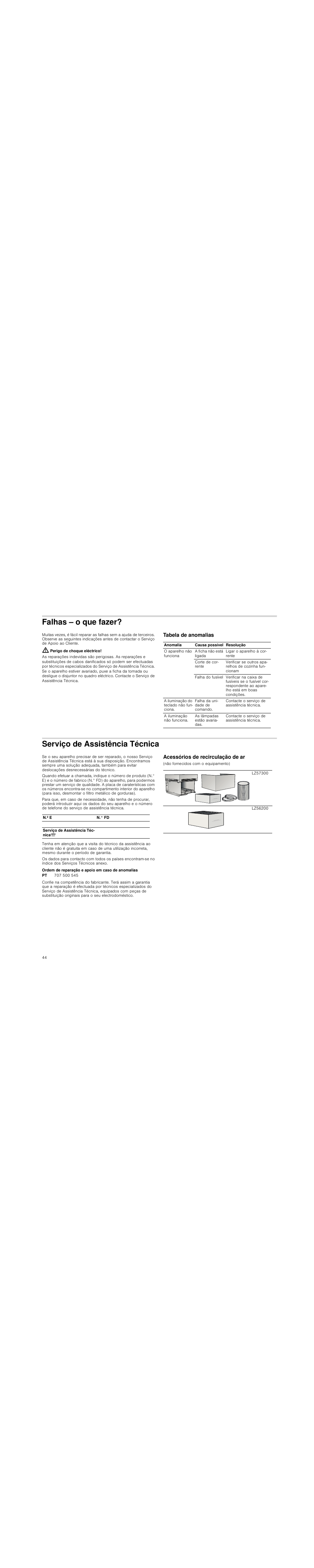 Falhas – o que fazer, Perigo de choque eléctrico, Tabela de anomalias | Serviço de assistência técnica, Ordem de reparação e apoio em caso de anomalias, Acessórios de recirculação de ar | Siemens LC98KA570 User Manual | Page 44 / 88