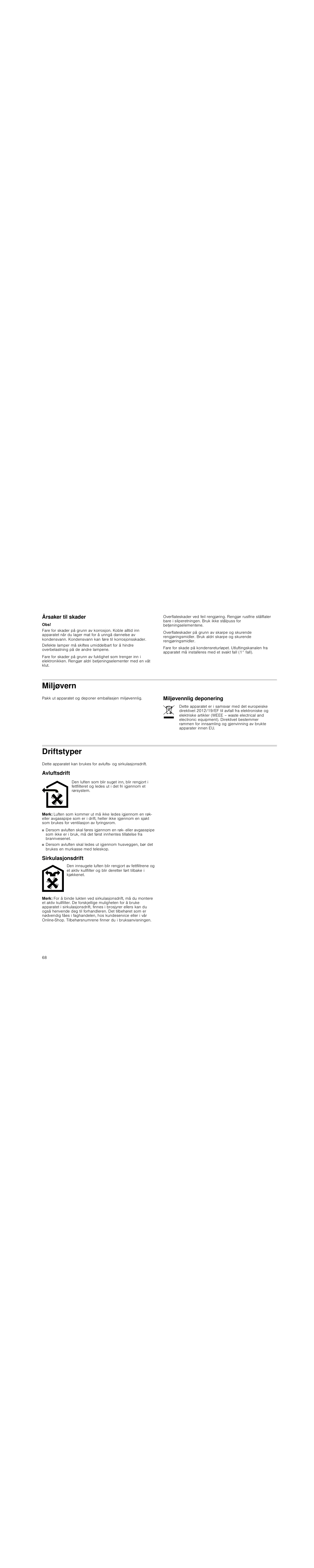 Årsaker til skader, Miljøvern, Miljøvennlig deponering | Driftstyper, Avluftsdrift, Merk, Sirkulasjonsdrift | Siemens LC98KA570 User Manual | Page 68 / 88