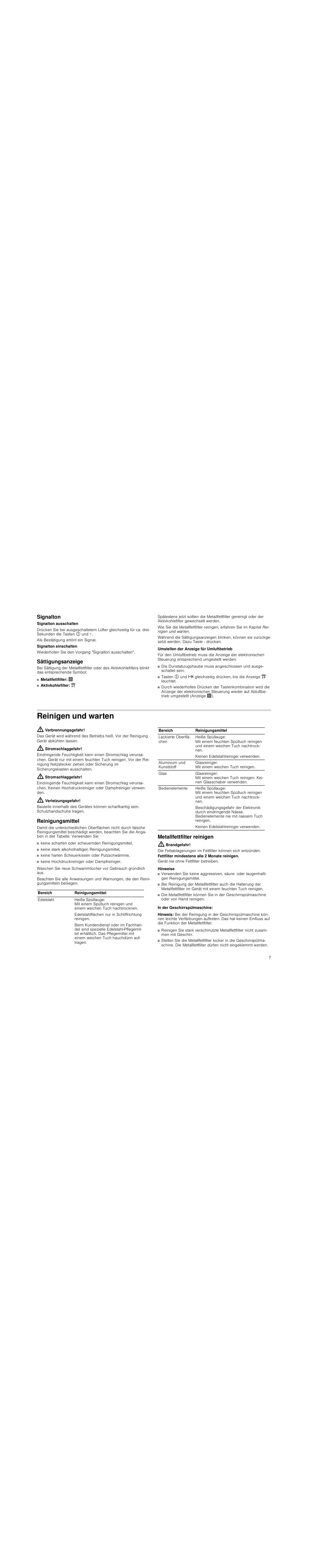 Signalton, Sättigungsanzeige, Reinigen und warten | Verbrennungsgefahr, Stromschlaggefahr, Verletzungsgefahr, Reinigungsmittel, Metallfettfilter reinigen, Brandgefahr, Hinweise | Siemens LC98KA570 User Manual | Page 7 / 88