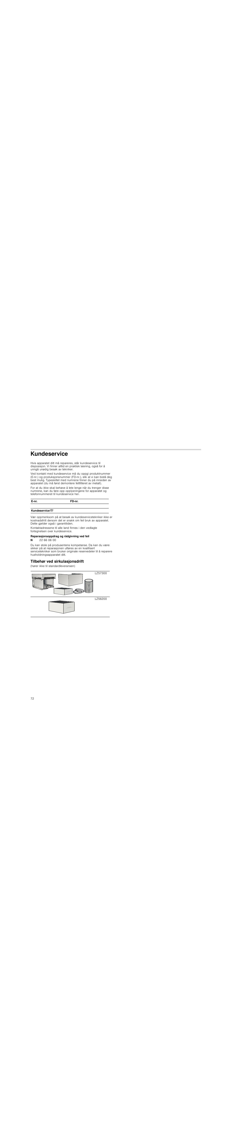 Kundeservice, Reparasjonsoppdrag og rådgivning ved feil, Tilbehør ved sirkulasjonsdrift | Siemens LC98KA570 User Manual | Page 72 / 88