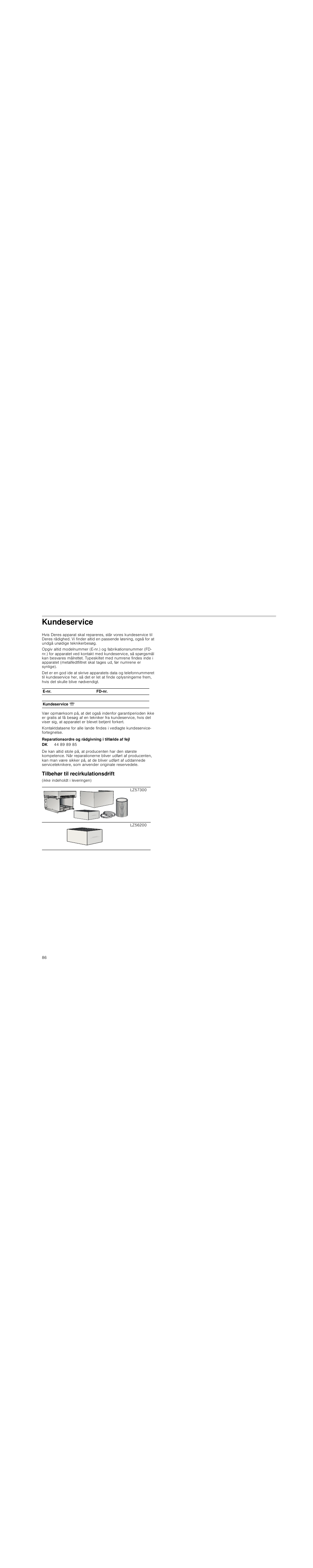 Kundeservice, Reparationsordre og rådgivning i tilfælde af fejl, Tilbehør til recirkulationsdrift | Siemens LC98KA570 User Manual | Page 86 / 88