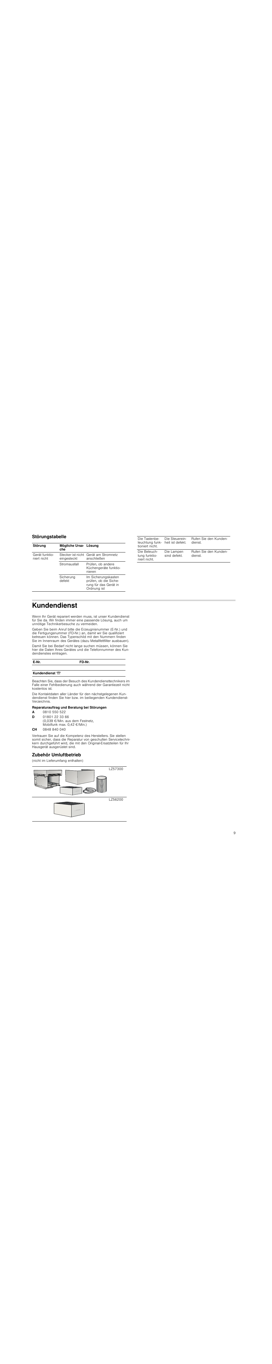 Störungstabelle, Kundendienst, Reparaturauftrag und beratung bei störungen | Zubehör umluftbetrieb | Siemens LC98KA570 User Manual | Page 9 / 88