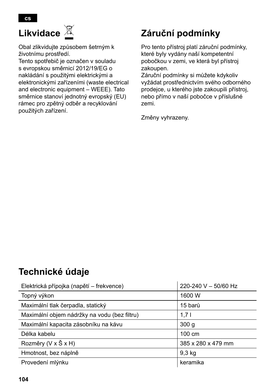 Likvidace, Záruční podmínky, Technické údaje | Siemens TE503209RW User Manual | Page 108 / 138