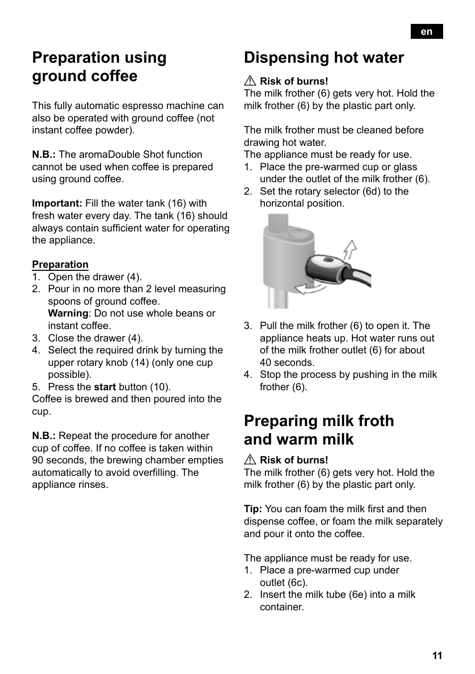 Preparation using ground coffee, Dispensing hot water, Preparing milk froth and warm milk | Siemens TE503209RW User Manual | Page 15 / 138