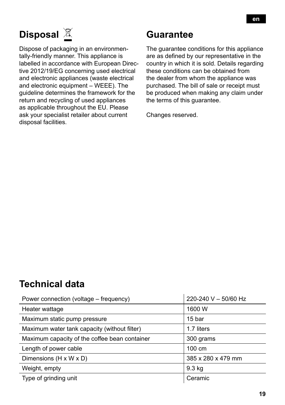 Guarantee, Technical data, Disposal | Siemens TE503209RW User Manual | Page 23 / 138