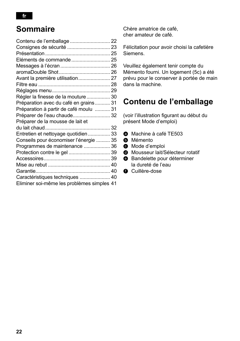 Contenu de l’emballage, Sommaire | Siemens TE503209RW User Manual | Page 26 / 138