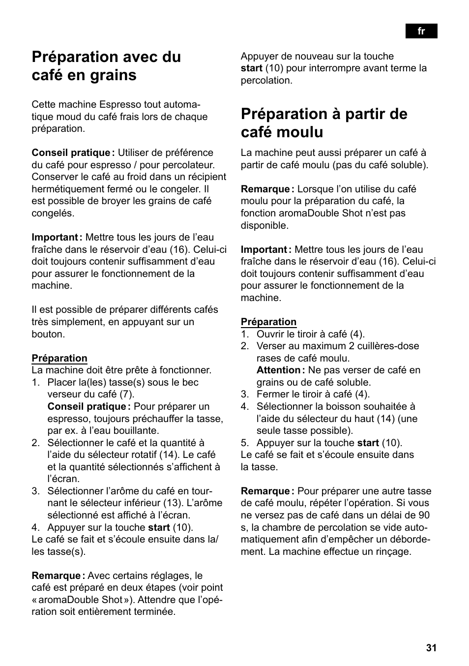 Préparation avec du café en grains, Préparation à partir de café moulu | Siemens TE503209RW User Manual | Page 35 / 138