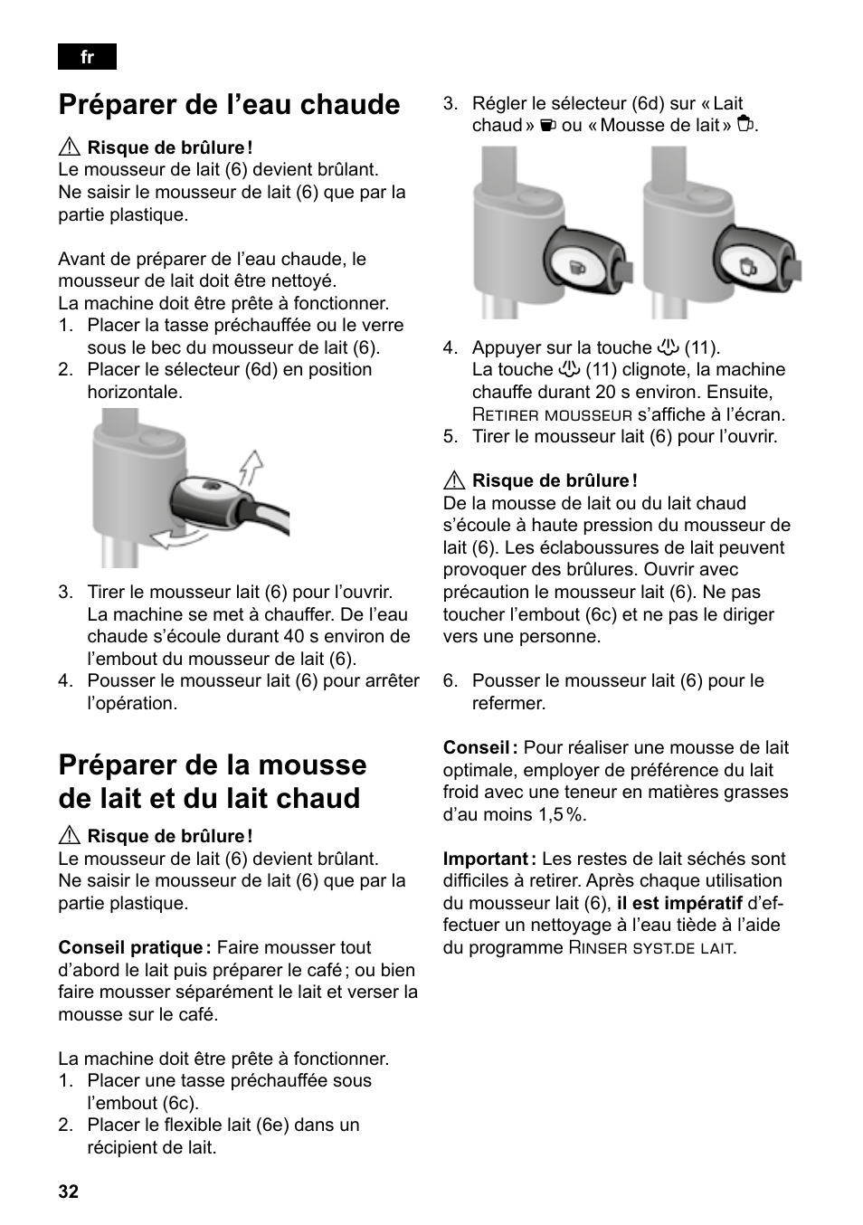 Préparer de l’eau chaude, Préparer de la mousse de lait et du lait chaud | Siemens TE503209RW User Manual | Page 36 / 138