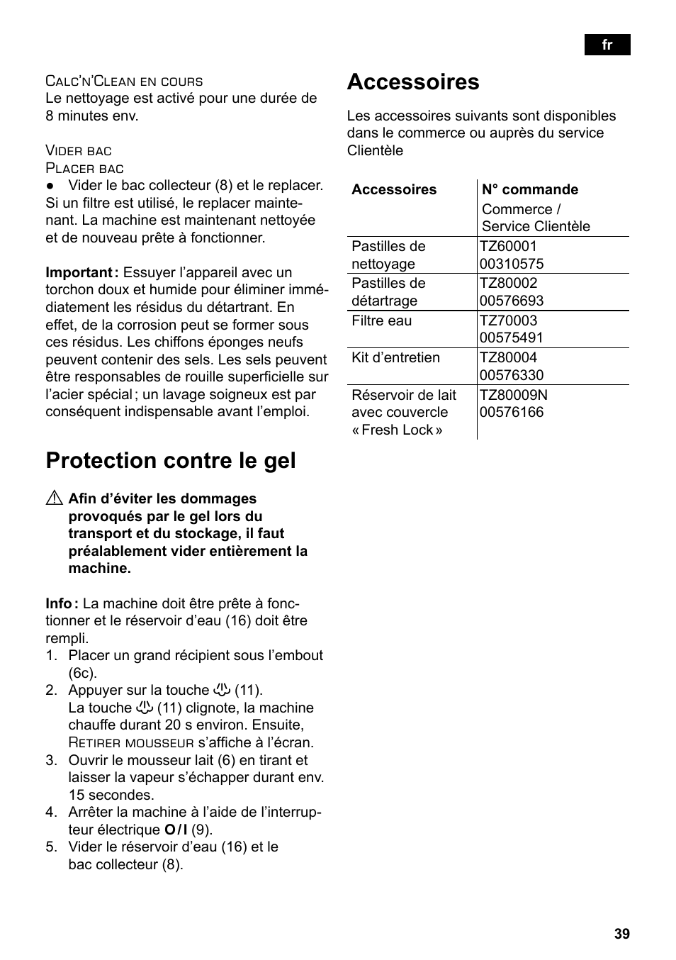 Protection contre le gel, Accessoires | Siemens TE503209RW User Manual | Page 43 / 138