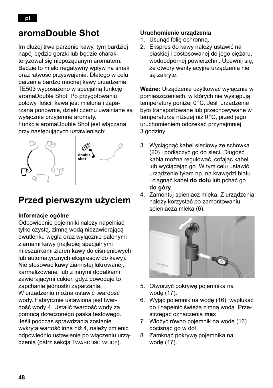 Aromadouble shot, Przed pierwszym użyciem | Siemens TE503209RW User Manual | Page 52 / 138