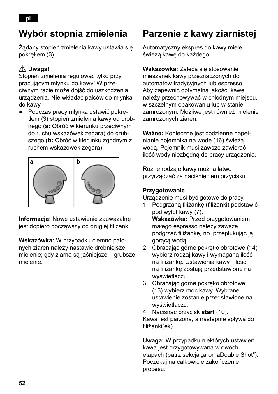 Wybór stopnia zmielenia, Parzenie z kawy ziarnistej | Siemens TE503209RW User Manual | Page 56 / 138