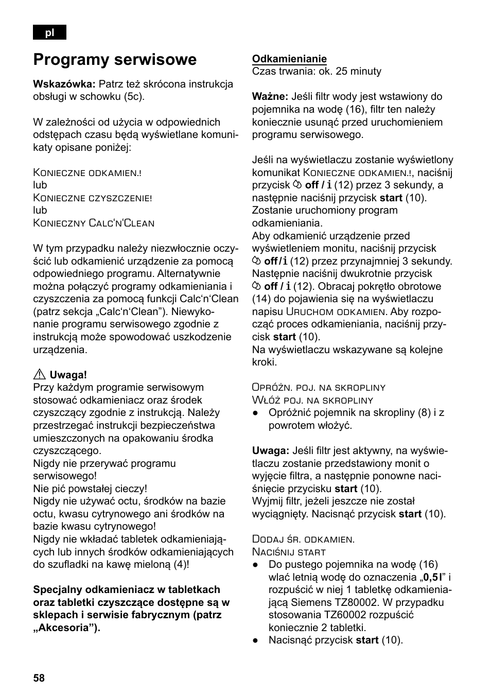 Programy serwisowe | Siemens TE503209RW User Manual | Page 62 / 138