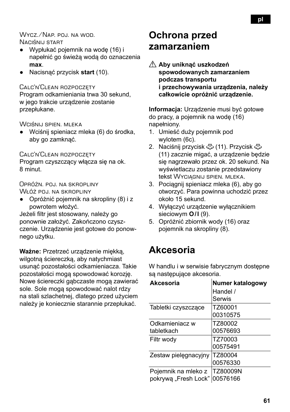 Ochrona przed zamarzaniem, Akcesoria | Siemens TE503209RW User Manual | Page 65 / 138