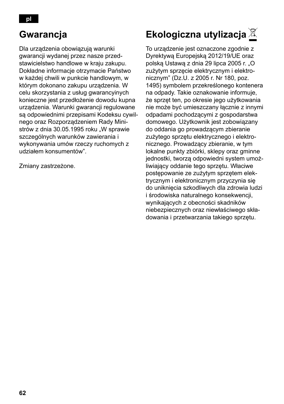 Gwarancja, Ekologiczna utylizacja | Siemens TE503209RW User Manual | Page 66 / 138