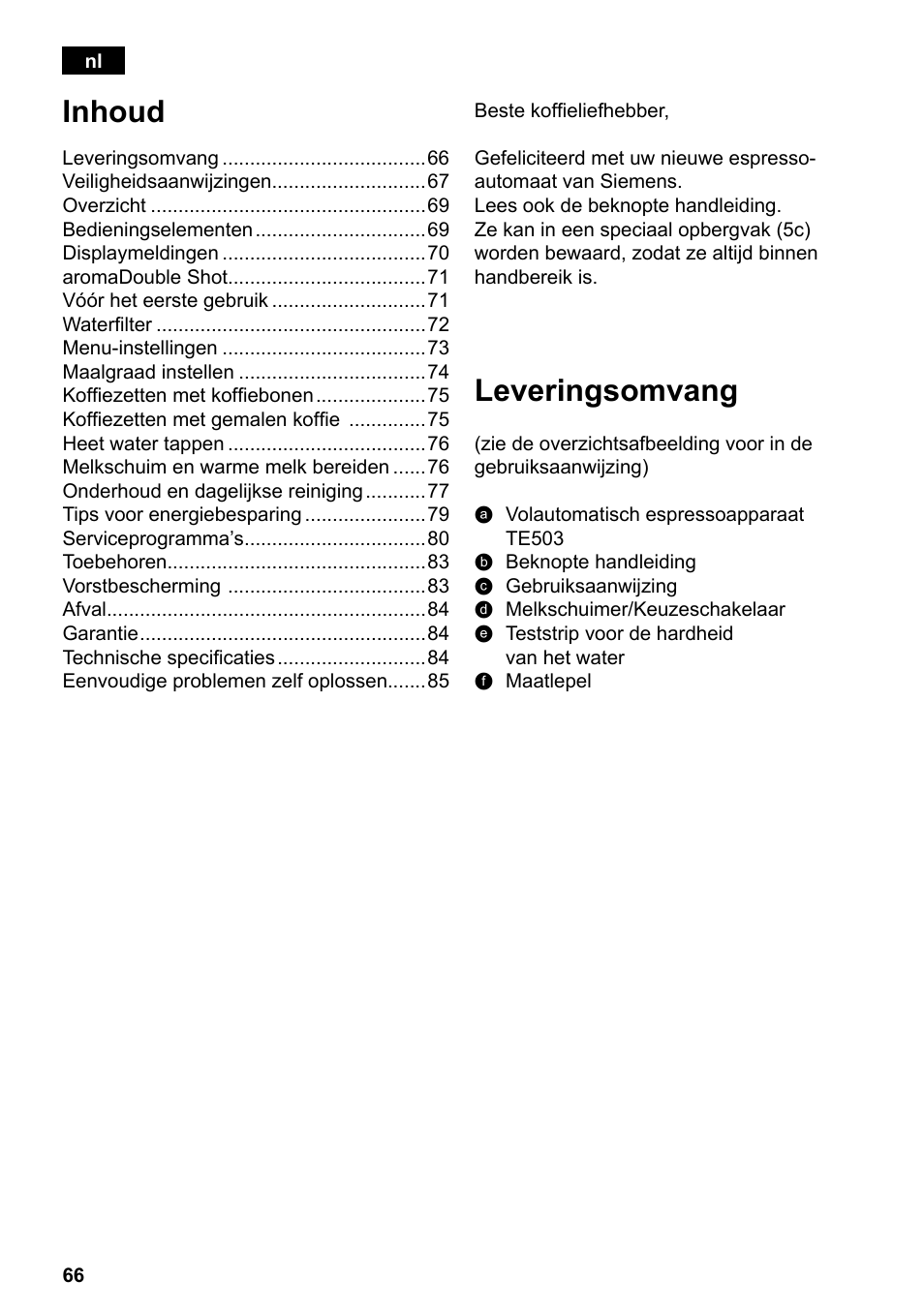 Leveringsomvang, Inhoud | Siemens TE503209RW User Manual | Page 70 / 138