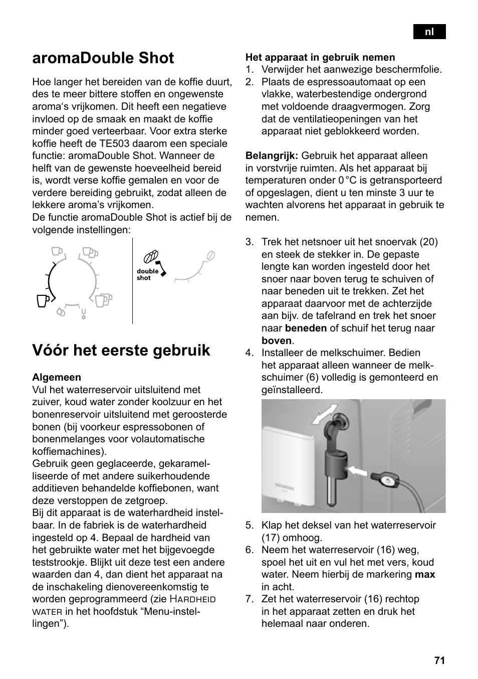 Aromadouble shot, Vóór het eerste gebruik | Siemens TE503209RW User Manual | Page 75 / 138