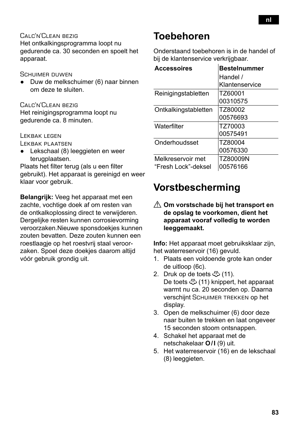 Toebehoren, Vorstbescherming | Siemens TE503209RW User Manual | Page 87 / 138
