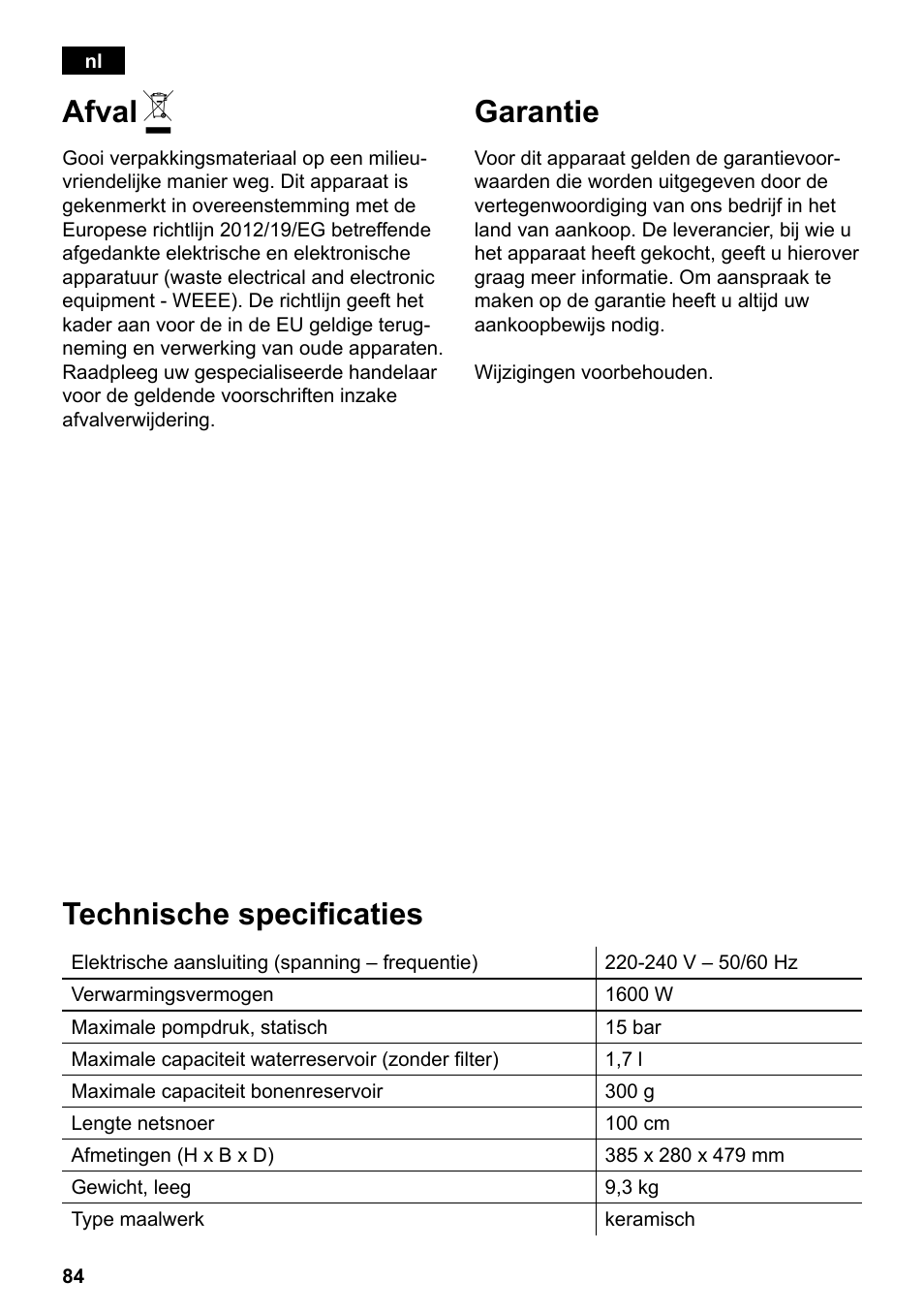 Technische specificaties, Afval, Garantie | Siemens TE503209RW User Manual | Page 88 / 138