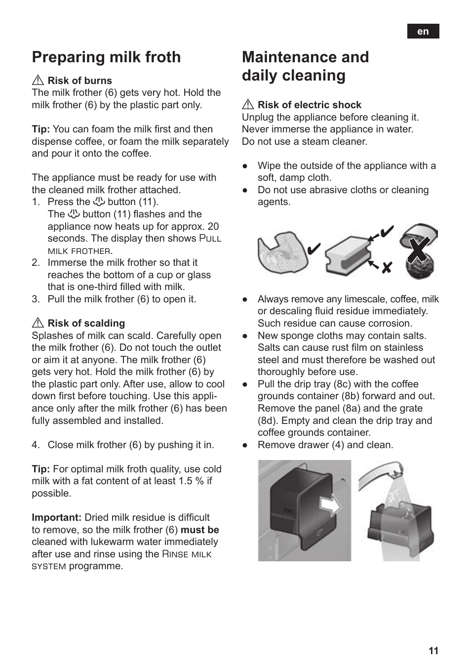 Preparing milk froth, Maintenance and daily cleaning | Siemens TE502206RW User Manual | Page 15 / 134