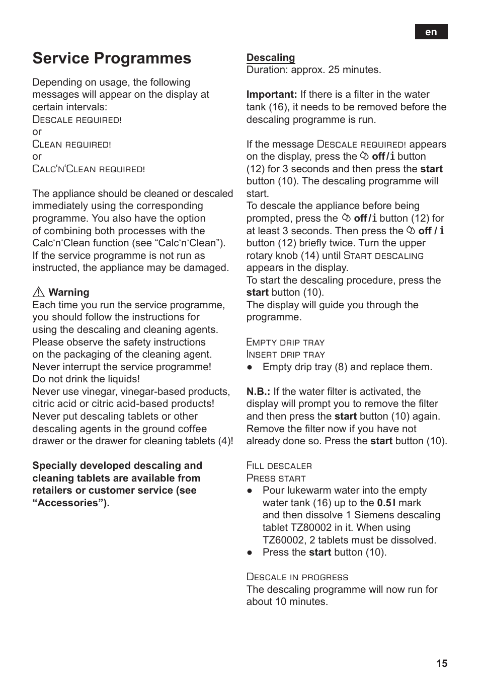 Service programmes | Siemens TE502206RW User Manual | Page 19 / 134