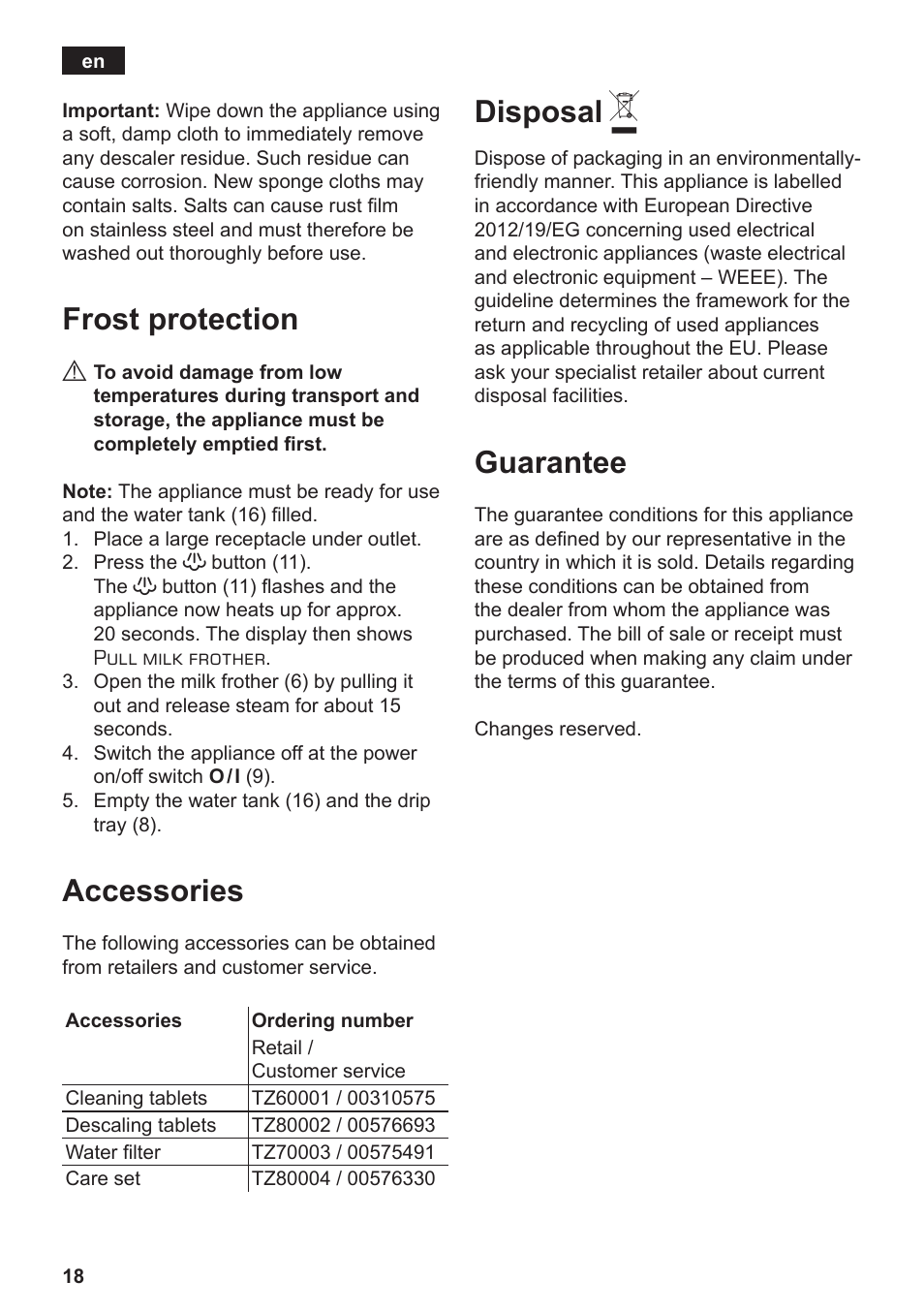 Frost protection, Accessories, Disposal | Guarantee | Siemens TE502206RW User Manual | Page 22 / 134