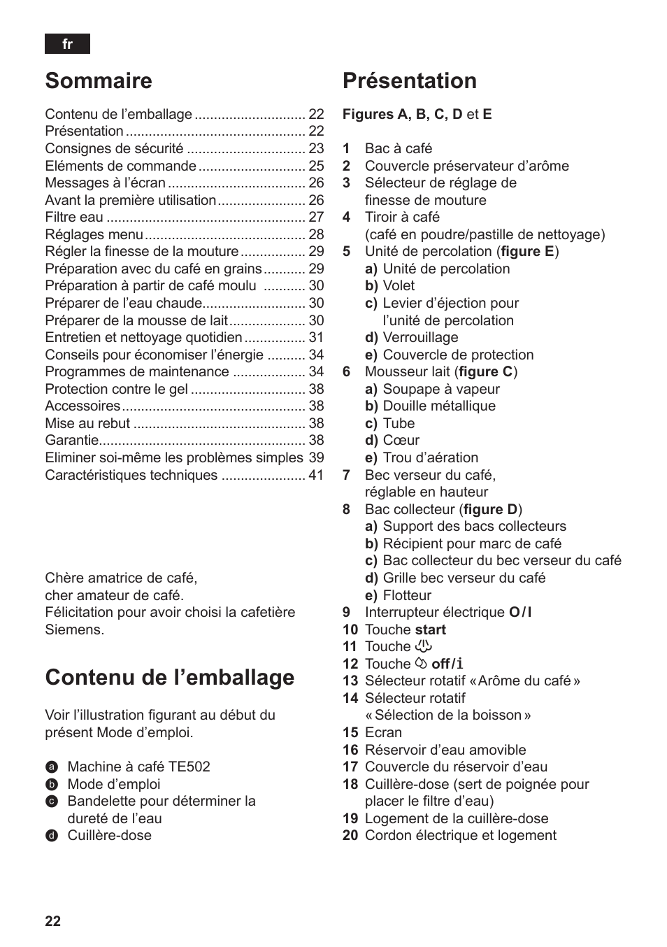 Présentation, Sommaire, Contenu de l’emballage | Siemens TE502206RW User Manual | Page 26 / 134