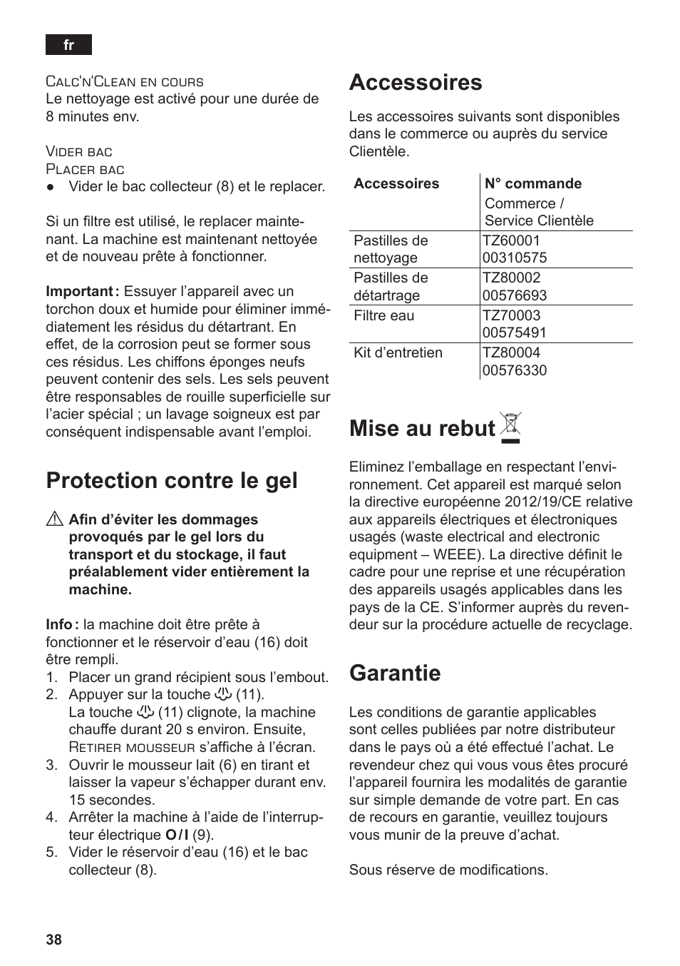 Protection contre le gel, Accessoires, Mise au rebut | Garantie | Siemens TE502206RW User Manual | Page 42 / 134