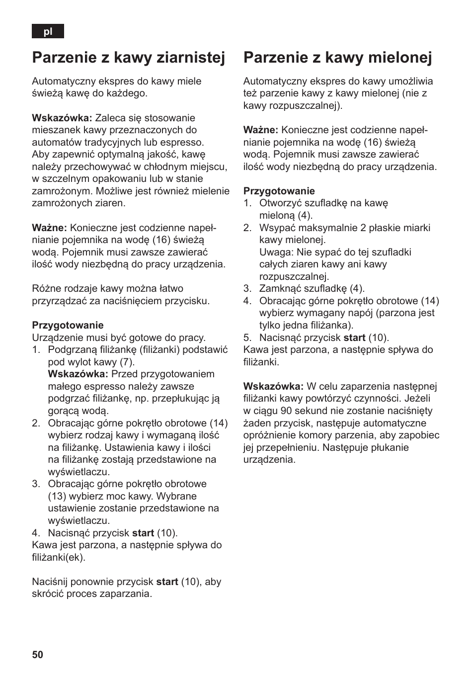 Parzenie z kawy ziarnistej, Parzenie z kawy mielonej | Siemens TE502206RW User Manual | Page 54 / 134