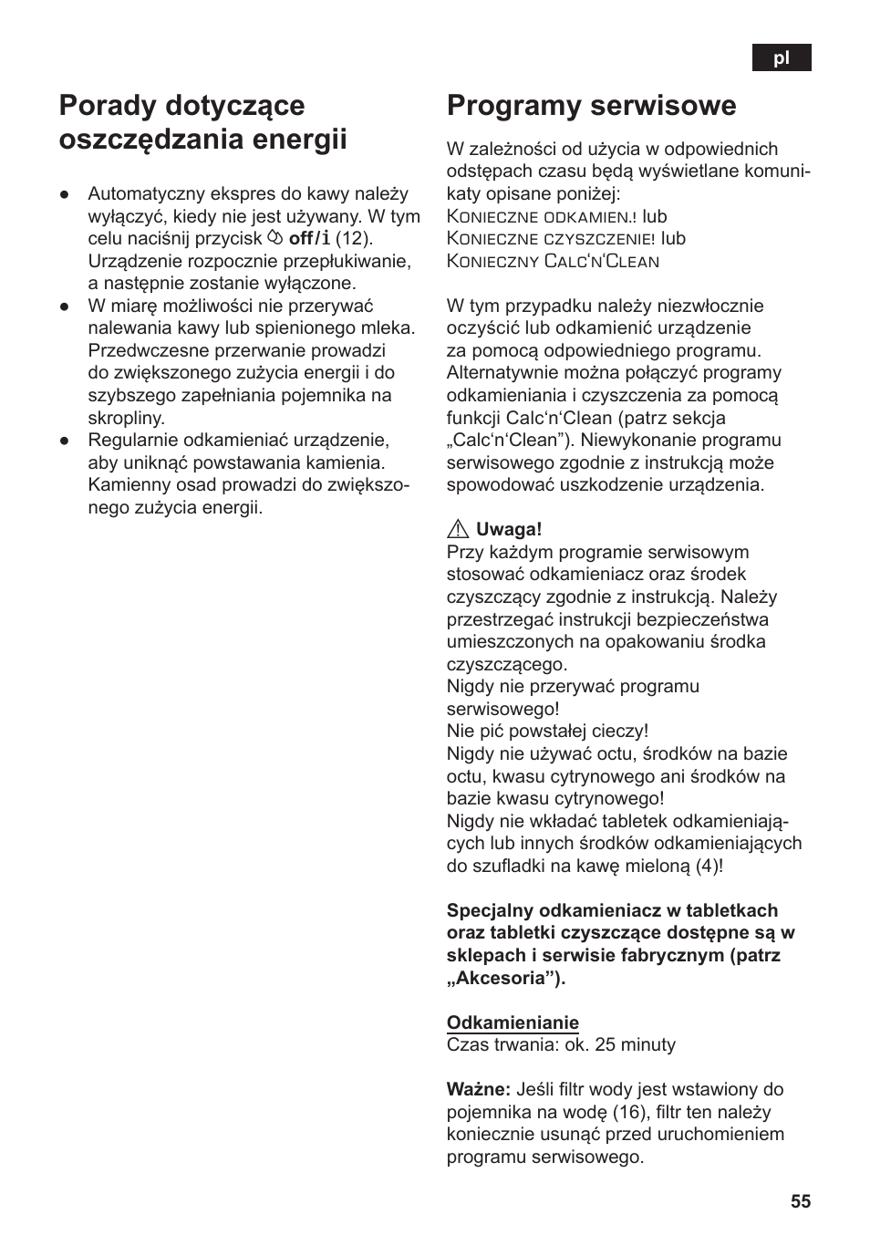 Porady dotyczące oszczędzania energii, Programy serwisowe | Siemens TE502206RW User Manual | Page 59 / 134