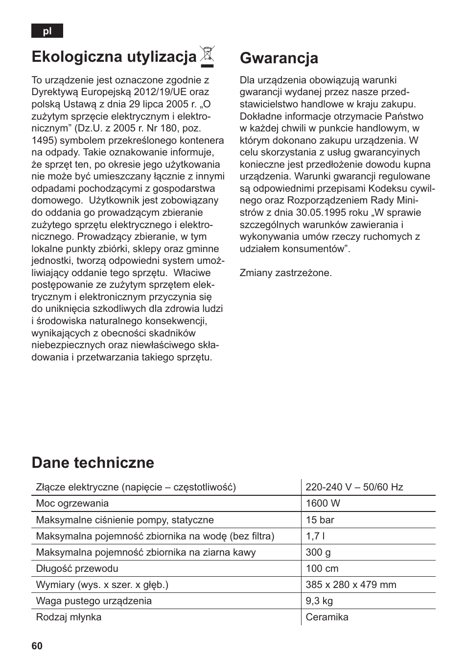 Ekologiczna utylizacja, Gwarancja, Dane techniczne | Siemens TE502206RW User Manual | Page 64 / 134