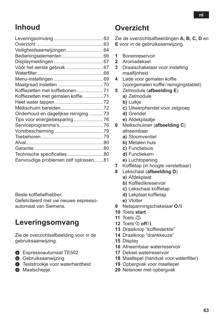 Overzicht, Inhoud, Leveringsomvang | Siemens TE502206RW User Manual | Page 67 / 134