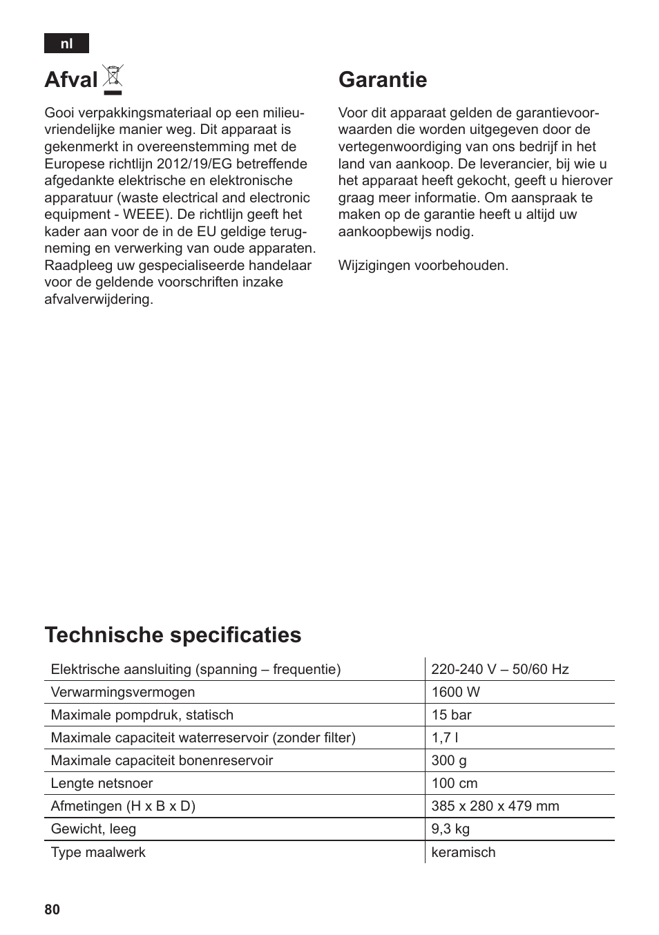 Afval, Garantie, Technische specificaties | Siemens TE502206RW User Manual | Page 84 / 134