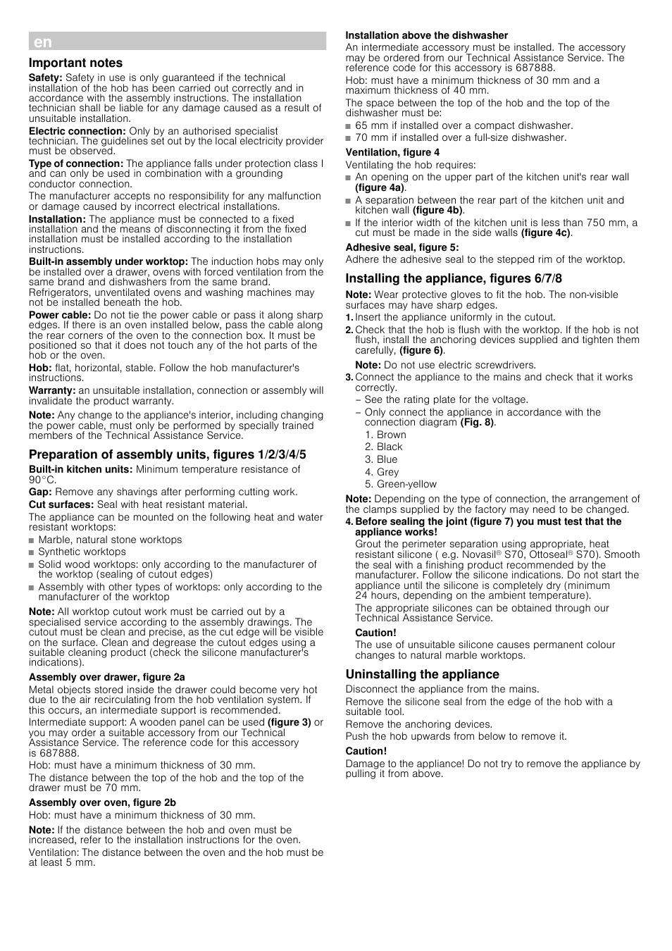 Ú installation instructions, Important notes, Note | Preparation of assembly units, figures 1/2/3/4/5, Cut surfaces: seal with heat resistant material, Marble, natural stone worktops, Synthetic worktops, Assembly over drawer, figure 2a, Hob: must have a minimum thickness of 30 mm, Assembly over oven, figure 2b | Siemens EH801FM17E User Manual | Page 6 / 18