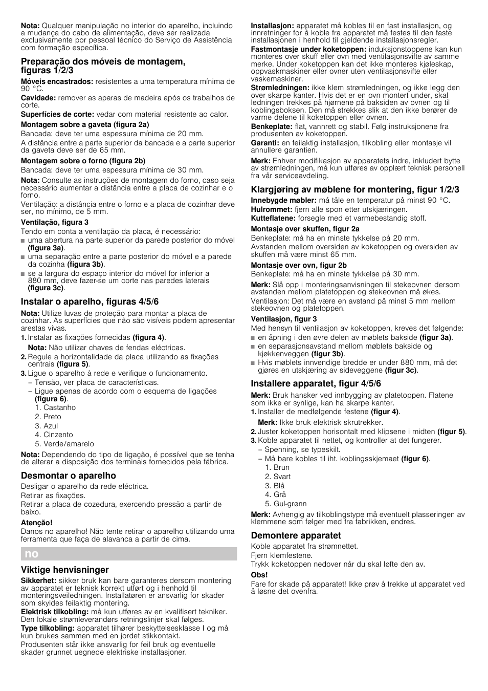 Nota, Preparação dos móveis de montagem, figuras 1/2/3, Montagem sobre a gaveta (figura 2a) | Bancada: deve ter uma espessura mínima de 20 mm, Montagem sobre o forno (figura 2b), Bancada: deve ter uma espessura mínima de 30 mm, Ventilação, figura 3, Tendo em conta a ventilação da placa, é necessário, Instalar o aparelho, figuras 4/5/6, Instalar as fixações fornecidas (figura 4) | Siemens EH975FE17E User Manual | Page 8 / 12