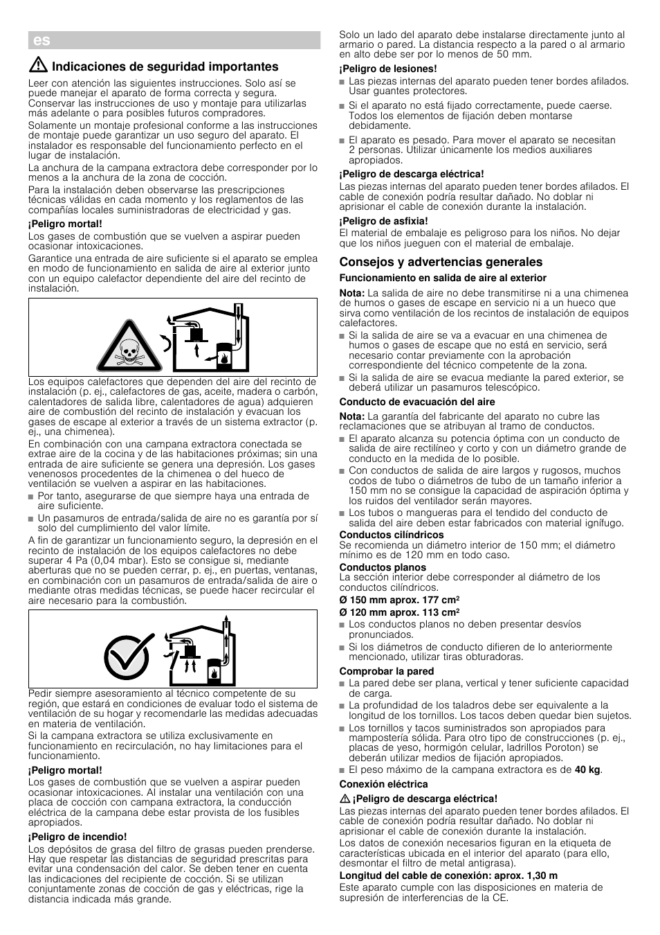 Indicaciones de seguridad importantes, Peligro mortal, Peligro de incendio | Peligro de lesiones, Peligro de descarga eléctrica, Peligro de asfixia, Consejos y advertencias generales, Funcionamiento en salida de aire al exterior, Nota, Conducto de evacuación del aire | Siemens LC98KA570 User Manual | Page 10 / 24