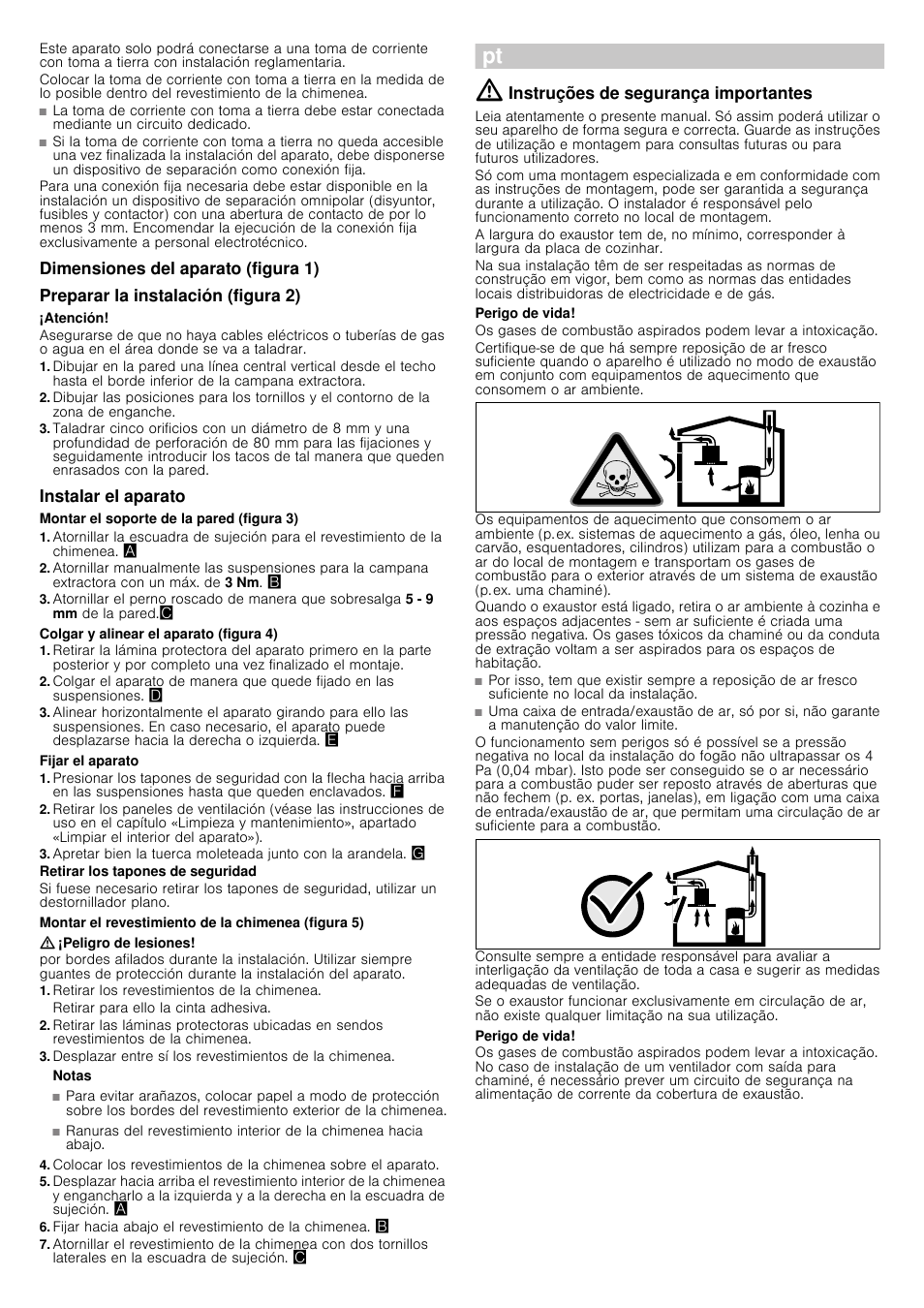 Dimensiones del aparato (figura 1), Preparar la instalación (figura 2), Atención | Instalar el aparato, Montar el soporte de la pared (figura 3), Colgar y alinear el aparato (figura 4), Fijar el aparato, Retirar los tapones de seguridad, Montar el revestimiento de la chimenea (figura 5), Peligro de lesiones | Siemens LC98KA570 User Manual | Page 11 / 24